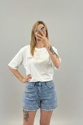 Short bleu broderie femme