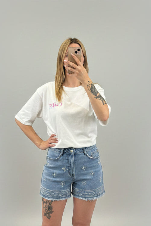 Short bleu broderie femme