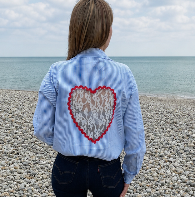 chemise rayé bleu coeur dentelle