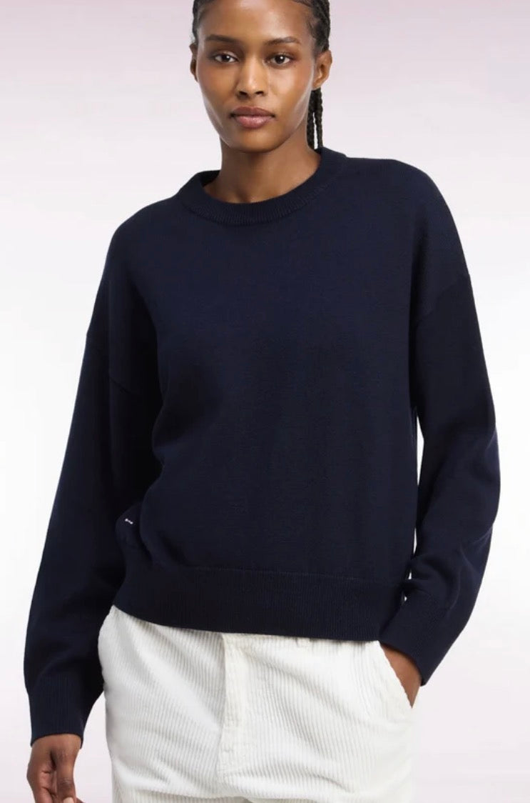 Pull col rond en laine et coton marine coupe oversized