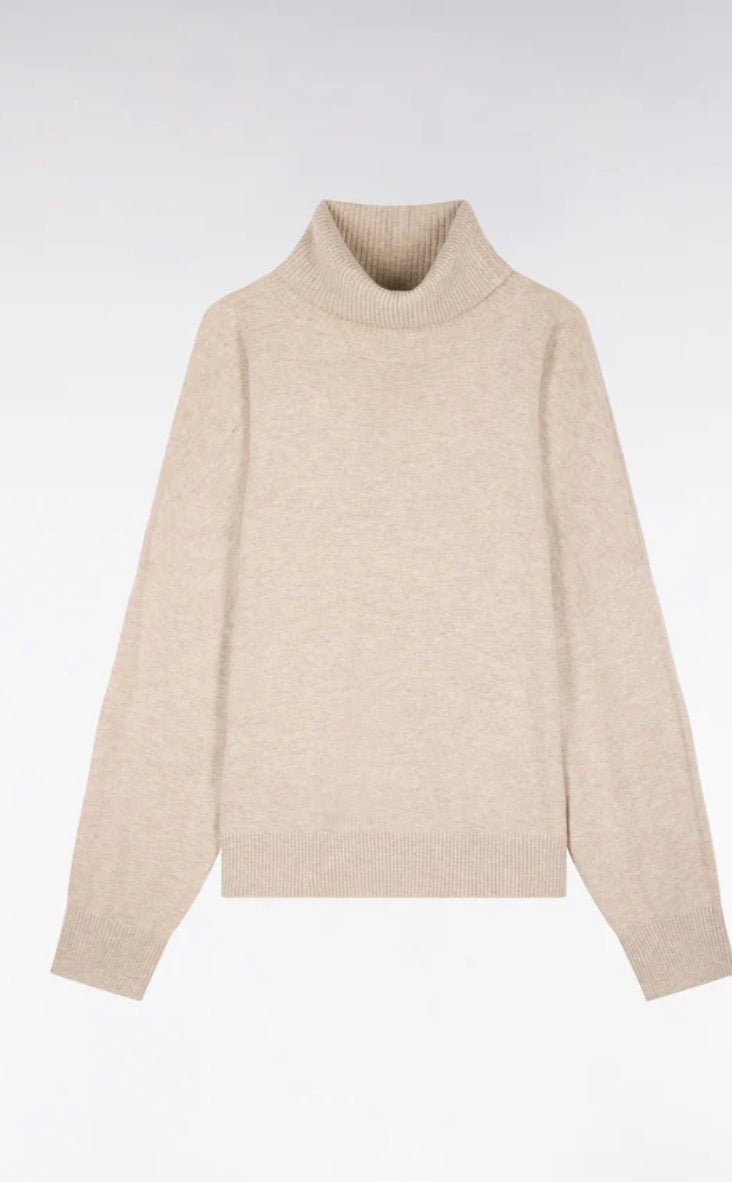 Pull col roulé en laine vierge et cachemire beige