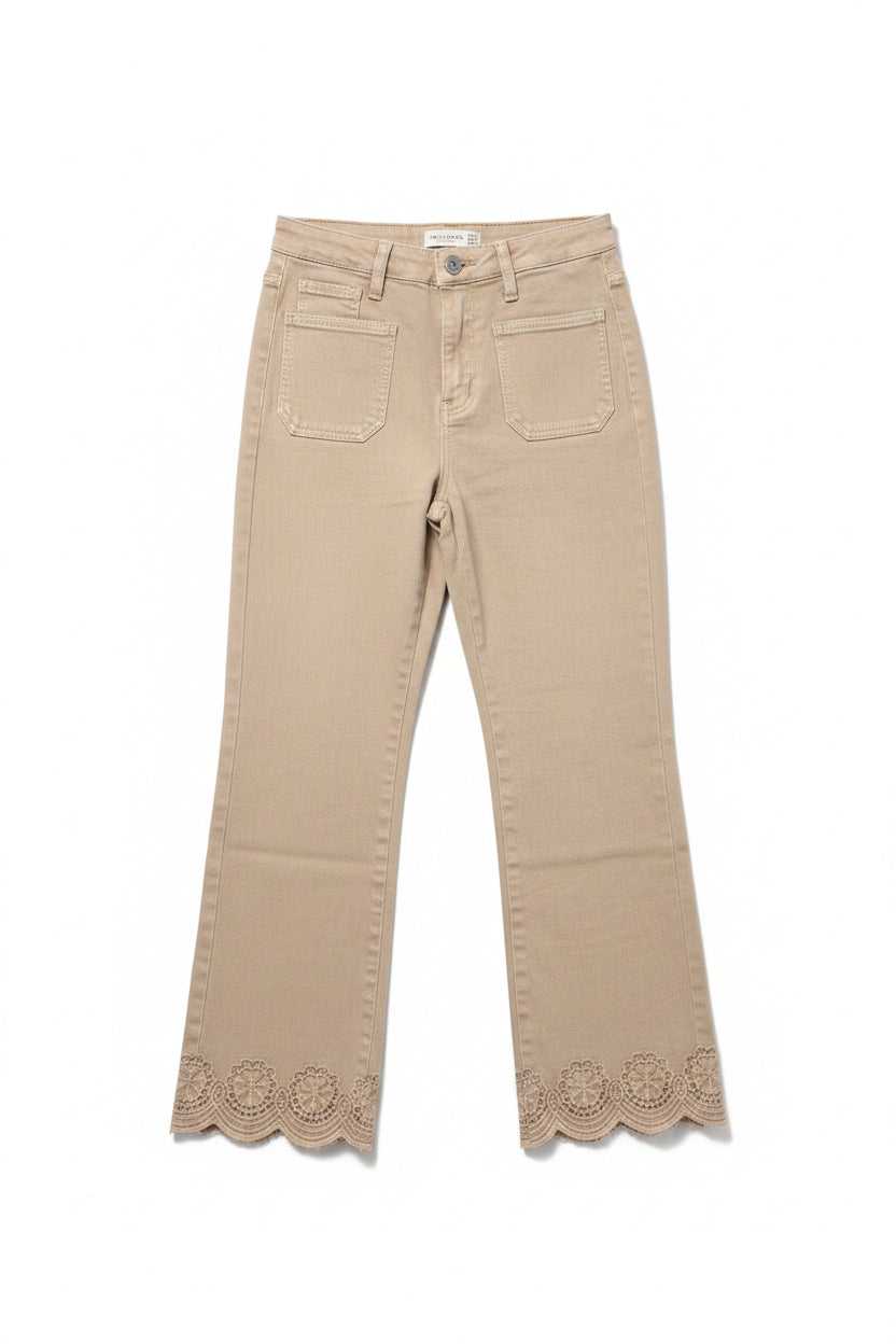 Jeans flared beige broderie